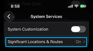 Significant Locations Settings Tab on iPhone
