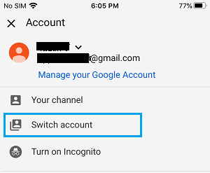 Switch YouTube Account Option on iPhone