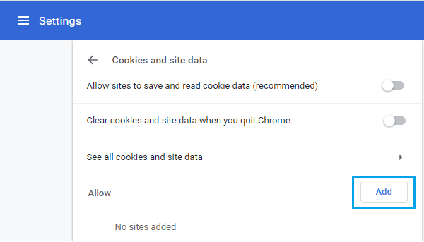 Add Website to Allow Cookies in Chrome Browser