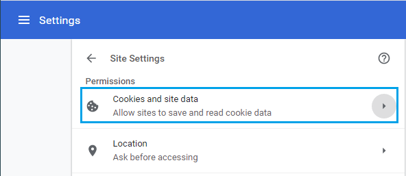 Cookies and Site Data Settings Option in Chrome