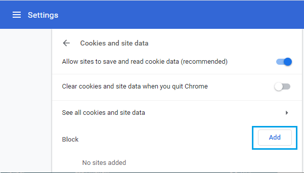 Add Website to Block Cookies in Chrome Browser