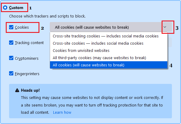 Firefox Custom Cookies Setting