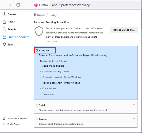 Firefox Standard Tracking Protection