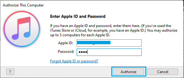 Ingrese el ID y la contraseña de Apple para autorizar la PC con Windows en iTunes