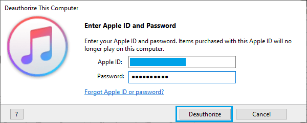 Enter Apple ID Password to Deauthorize Computer in iTunes
