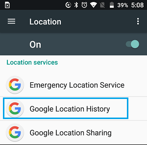 Google Location History Tab on Android Settings screen