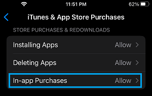 In-App Purchases Settings Option on iPhone