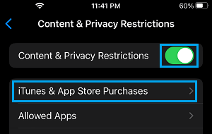 iTunes & App Store Purchases Settings Option on iPhone