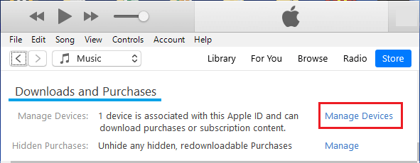 Opción Administrar dispositivos en iTunes