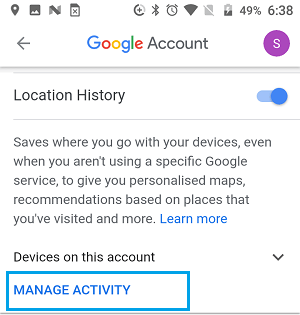 Manage Location Activity Option in Google Account on Android
