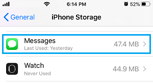 Messages Tab on iPhone Storage Screen