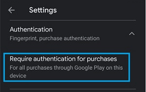 Require Authentication for Purchases Option in Google Play Store