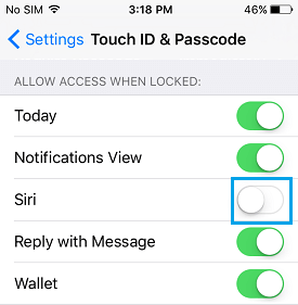 Toggle Siri to OFF Position