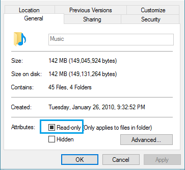 Uncheck Read Only Attribute For iTunes Folder