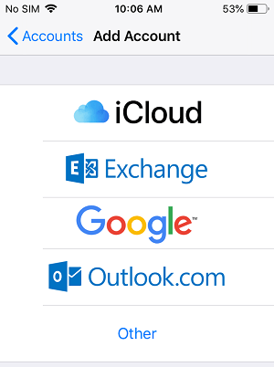 Add Email Account Screen on iPhone