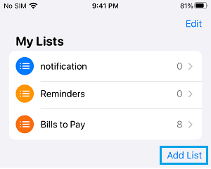 Add Reminders List on iPhone