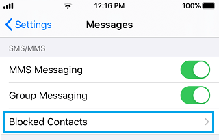 Blocked Contacts Tab on Messages Settings