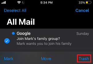 Trash Selected Emails on iPhone