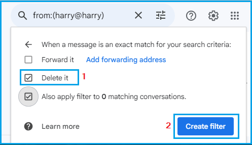 Create Filters Screen in Gmail