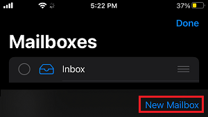 Create New Mailbox option on iPhone