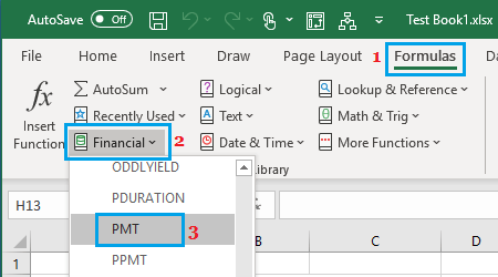 Get PMT Function from Formulas Tab in Excel