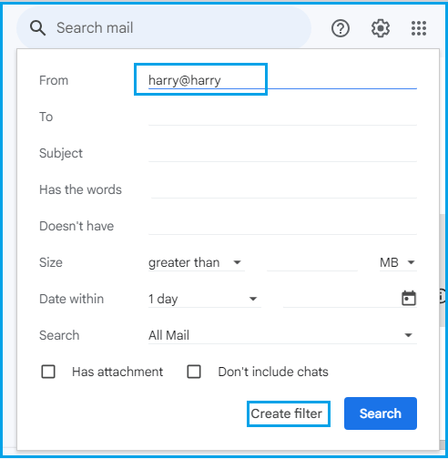 Gmail Search Filter Settings Screen