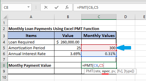 Input nper in Excel PMT Formula