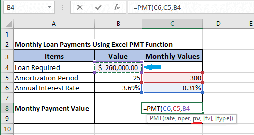 Input Present Loan Value in Excel PMT Formula