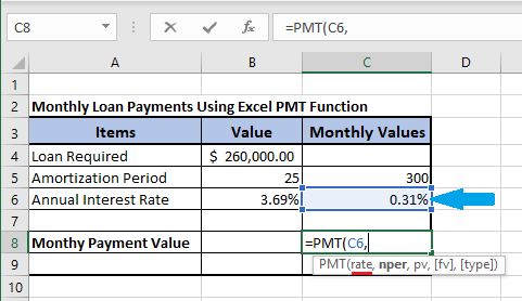 Input Rate in Excel PMT Formula