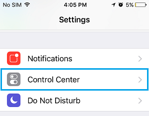 Control Center Settings Option on iPhone