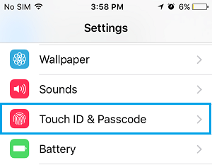 Touch ID and Passcode Tab on iPhone Settings Screen