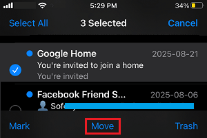 Move Selected Emails Option on iPhone
