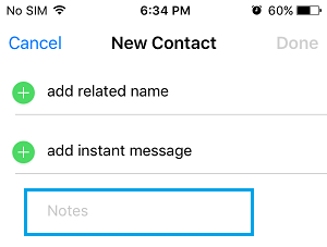 Notes Section in New Contact Inforamtion Page