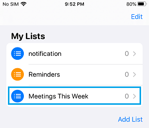 Open Reminders List on iPhone