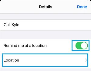 Remind Me At Location option on iPhone
