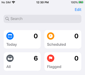 Today, Scheduled, All and Flagged Reminder Tiles on iPhone
