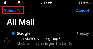 Select All Emails Option on iPhone