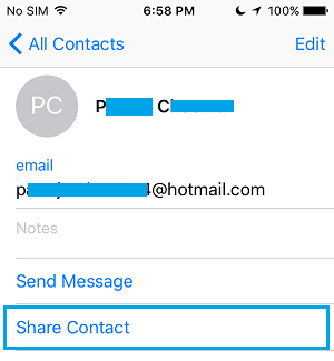 Share Contact Option on iPhone