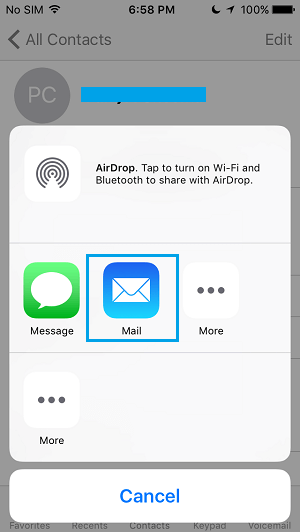 Share iPhone Contact Options