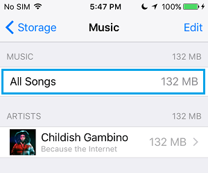 All Songs on iPhone Storage Screen