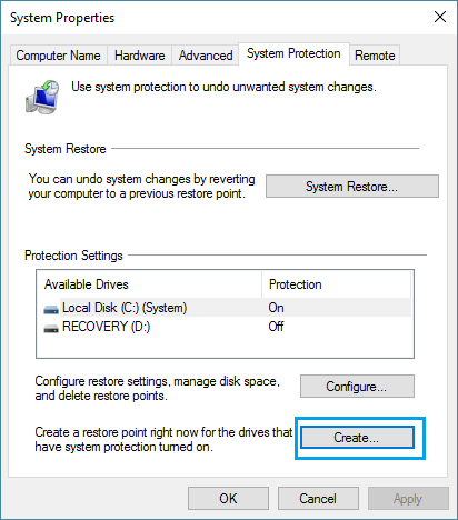 Create System Restore Point in Windows 10