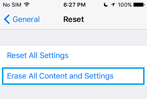 Erase All Content and Settings Option on iPhone