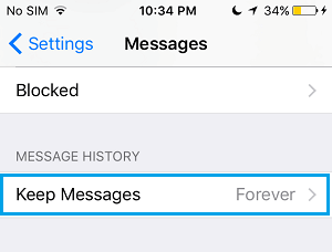 Keep Messages Option on iPhone Settings Screen