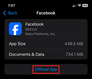 Offload Facebook App on iPhone