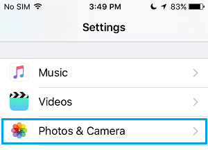 Photos and Camera Settings Tab on iPhone