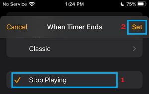 Stop Playing Music Settings Option in iPhone Clock App