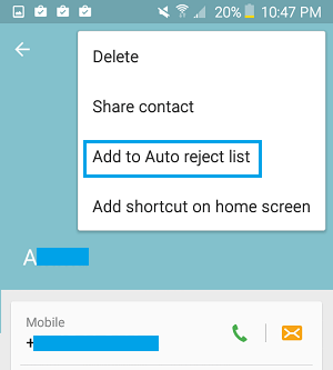 add contact to auto rejection list android phone