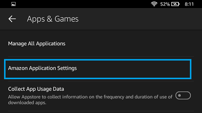 Amazon Application Settings Tab on Kindle Fire