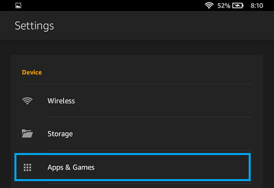Apps & Games Tab on Kindle Fire Settings Screen