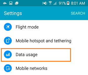 Data Usage Option on Android Settings Screen